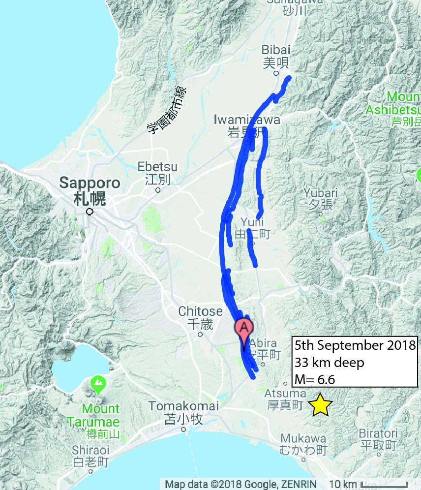 The surface trace of the Ishikari fault (source: AIST fault database) and the epicentre of the M=6.6 event (yellow star, source: USGS)