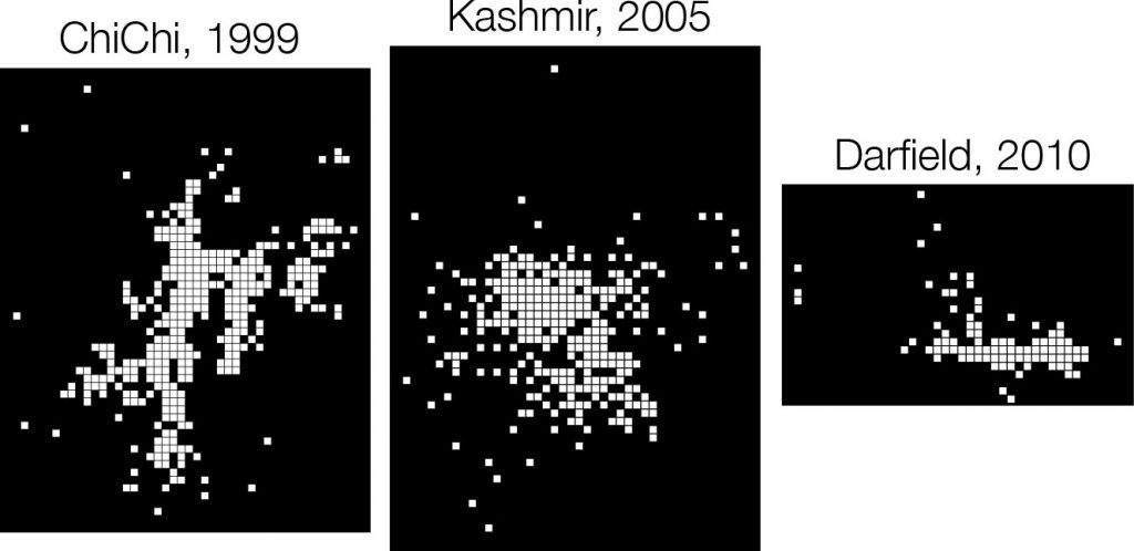 Examples of aftershock sequence "images" from the DeVries et al. database, plotted using the aftershock gridded maps generated by DeVries et al. Each white pixel represents a geographic cell where at least one aftershock occurred.