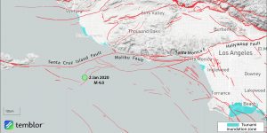 Map showing epicenter of magnitude-4.0 earthquake off the coast of Port Hueneme. The quake is located south of the trace of the Santa Cruz Islands Fault. Notice that although geologists use different names, the Santa Cruz Island, Malibu, and Santa Monica Fault are likely continuous, and potentially capable of a M~7.5 shock, according to Stein. Given their thrust motion, a tsunami could be generated by such a rare but possible quake. Credit: Ross Stein, Temblor.