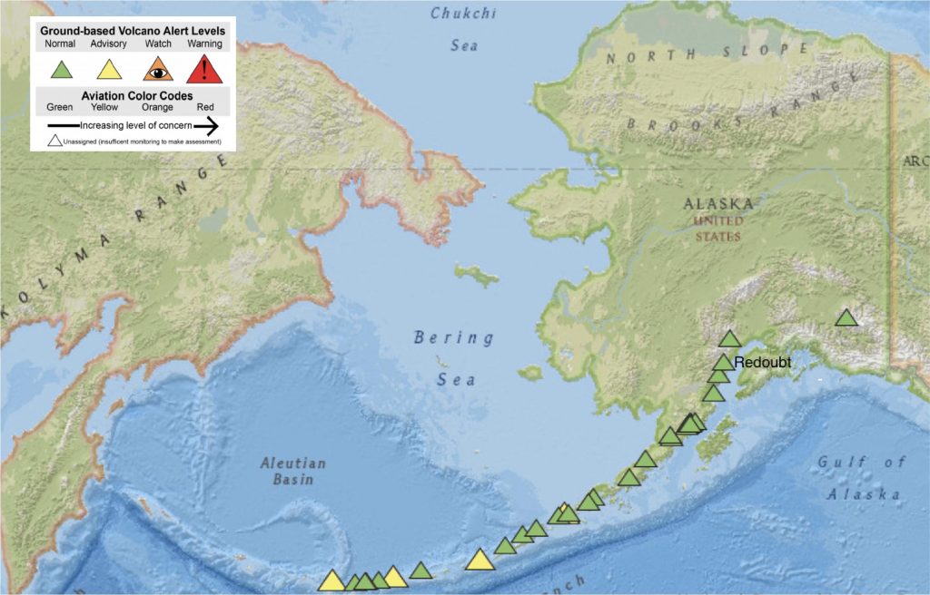 The Alaska Volcano Observatory issues volcano alerts via a color-coded system. Green indicates normal activity, with color changes indicating level of concern to aviators. In this image, taken April 30, 2020, all monitored volcanoes are are either green or yellow. Credit: Alaska Volcano Observatory