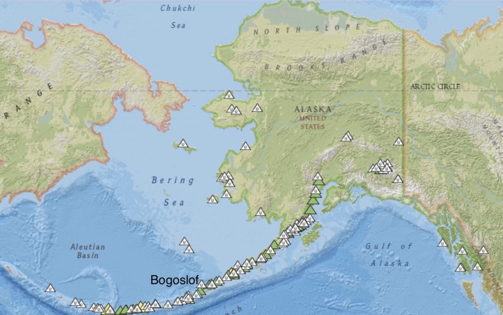 Numerous volcanos in Alaska lack direct monitoring. In this image, taken April 30, 2020, all unmonitored volcanoes are superposed over those that are directly monitored, highlighting the risk posed by this volcanic arc. Credit: Alaska Volcano Observatory