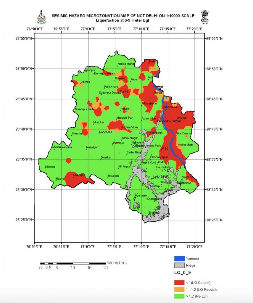 Map of Delhi area showing liquefaction hazard. Red indicates high hazard. Credit: Delhi microzonation report 