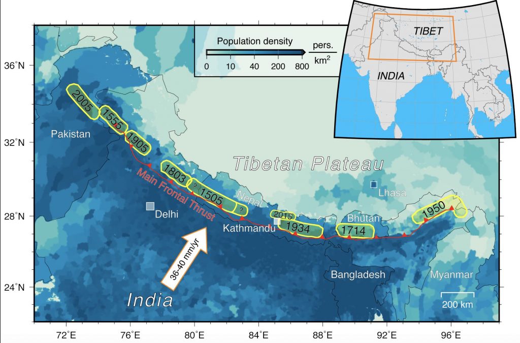 Recent great Himalayan earthquakes (greater than magnitude-7.5) showing regions of estimated rupture in yellow. Background map shows population density distribution in shades of blue. Credit: Dal Zilio et al. (2020)