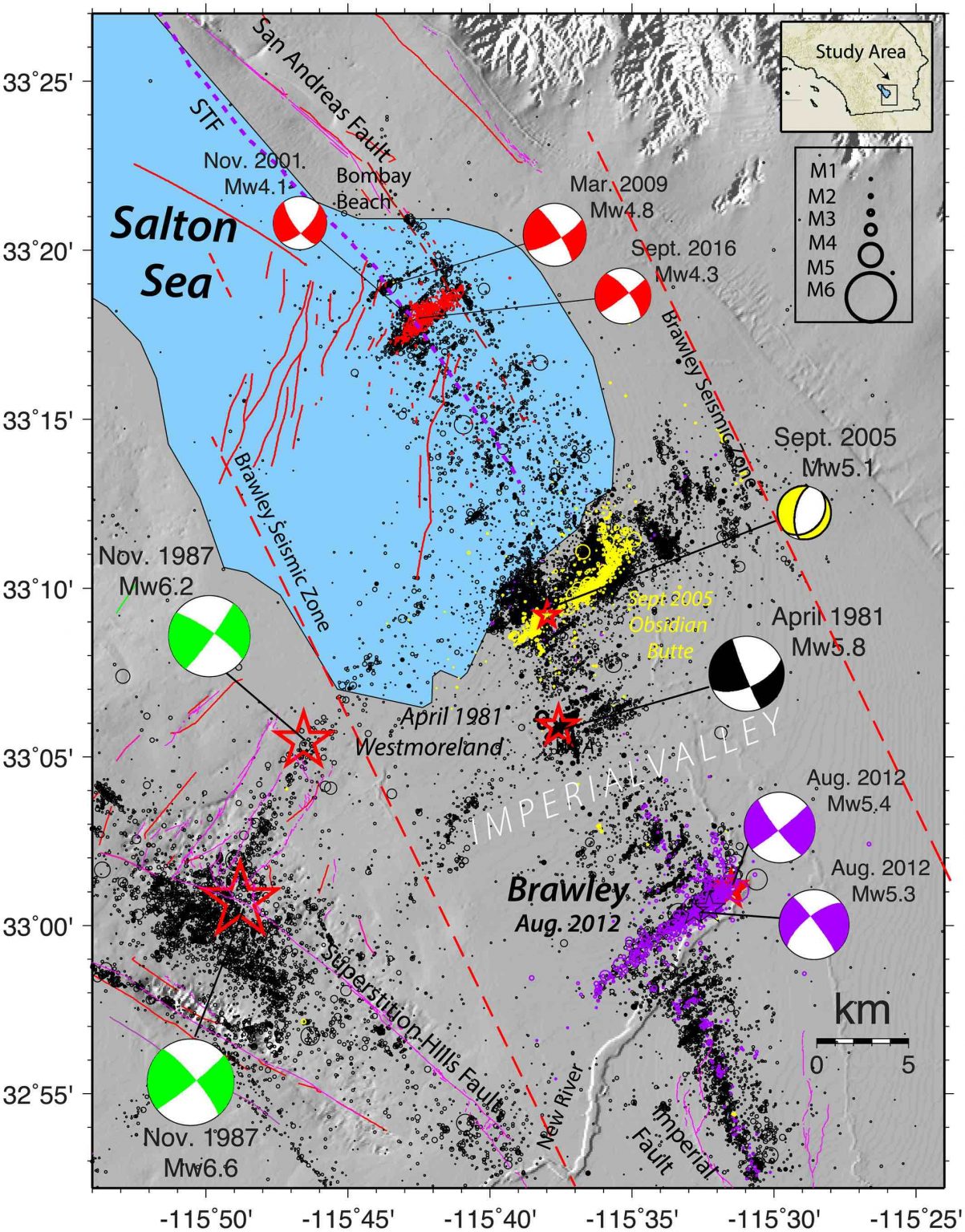 Map of earthquakes (black dots, scaled by magnitude) from the Brawley 