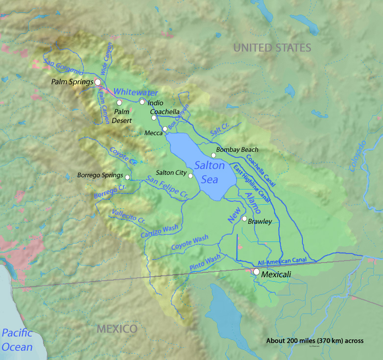 Map of the Salton Sea drainage area showing rivers draining into the ...