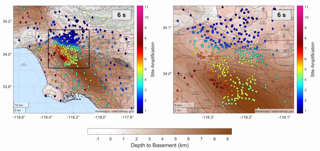 Map of site amplification in L.A. Basin vs contours of depth to basement