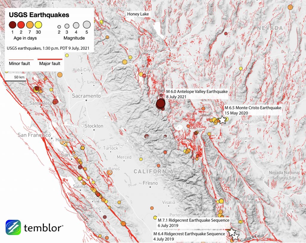 Annotated map showing locations of earthquakes greater than or equal to magnitude-6 in the Walker Lane region. 