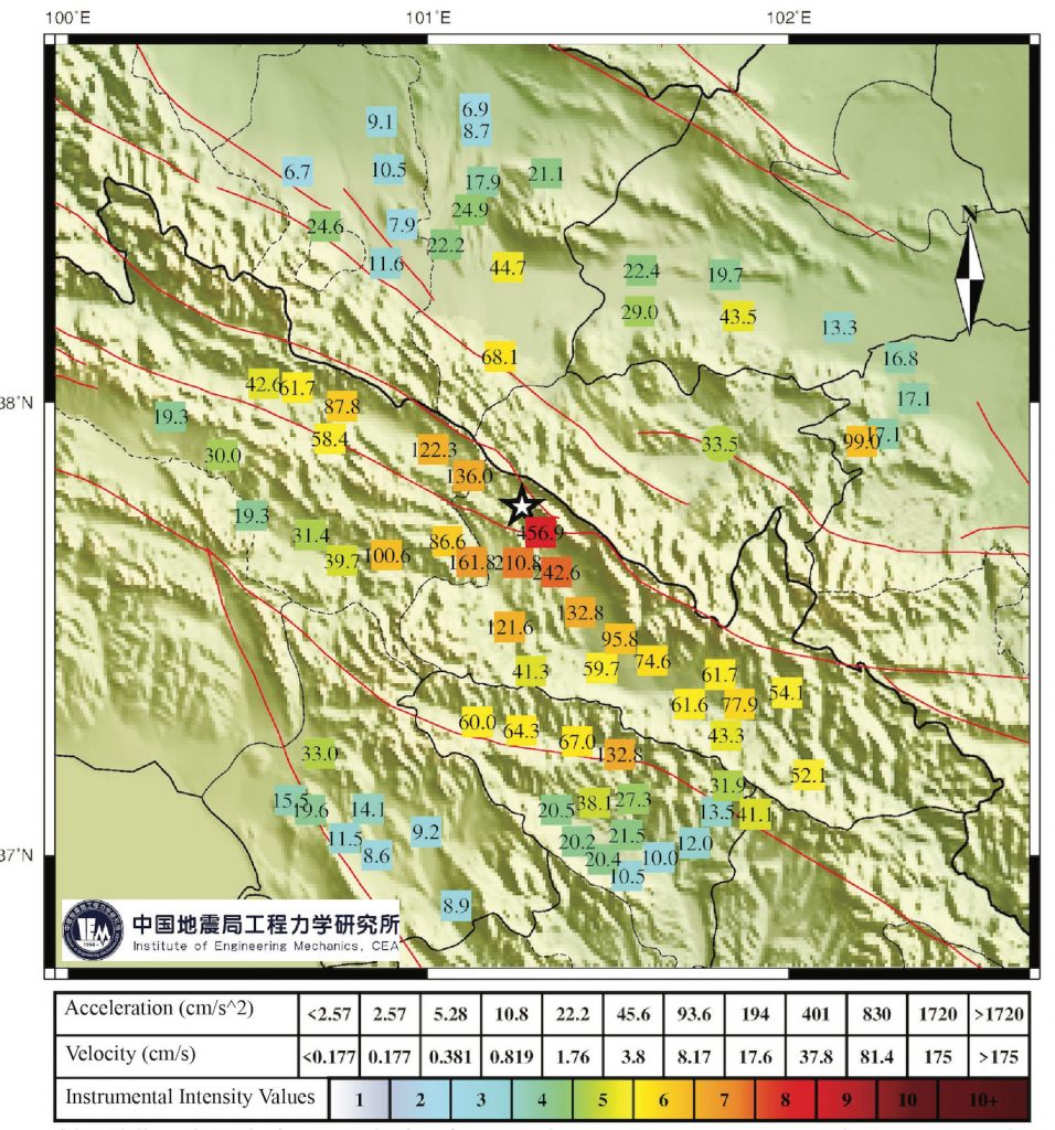 Figure 5. Near-field peak acceleration map for the M6.6 Menyuan mainshock. Modified from a figure provided by Qiang Ma.