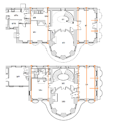 Tie rod installation at Nathaniel Russell House after the 1886 earthquake. This floor plan shows orange lines indicating the tie rod installation anchoring the walls of masonry to the internal framework of the building. Credit: Historic Charleston Foundation, drawn by Glenn Keyes Architects, with modification by Jamie Lynn Wiedman. From the Clemson University Theses of Jamie Lynn Wiedman, 2012