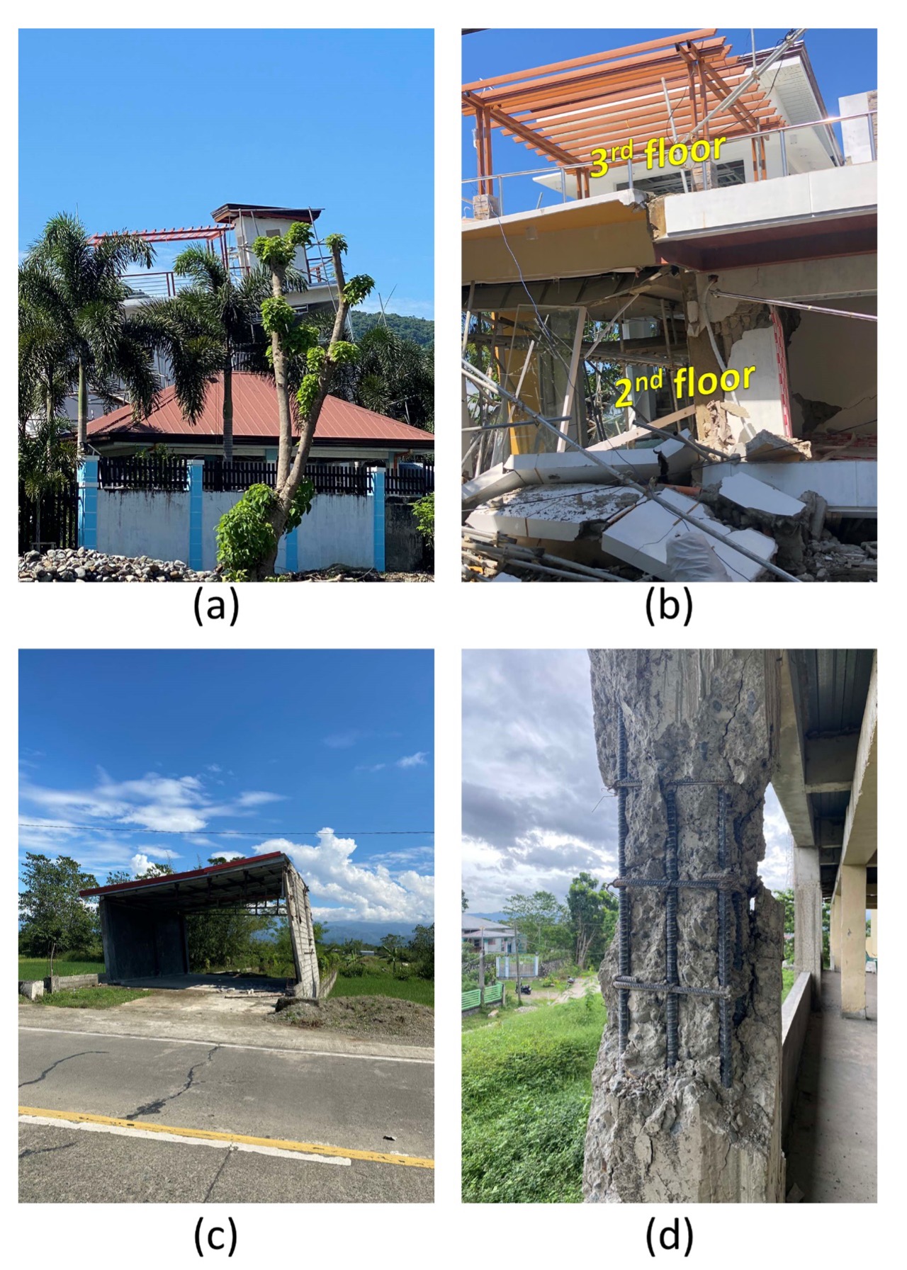 Figure 3 Infrastructure damage, observed in Marcos town, Ilocos Norte province, located around 35 kilometers (21 miles) to the northwest of the epicenter of the October magnitude-6.4 earthquake. (a) Residential building collapsing toward the front; (b) View from the front of the collapsed building shown in photo (a), showing shear failure of columns: Note the 2nd floor already hugging the ground after the total collapse of the 1st floor; (c) Tilting to one side of an unfinished warehouse due to column and wall failure, and differential settlement of poorly consolidated subsurface; (d) Column damage on a government building due to shear failure and poor quality of concrete mixture (crumbles on slight hammer tap). Photo credits: S.C. Aurelio.