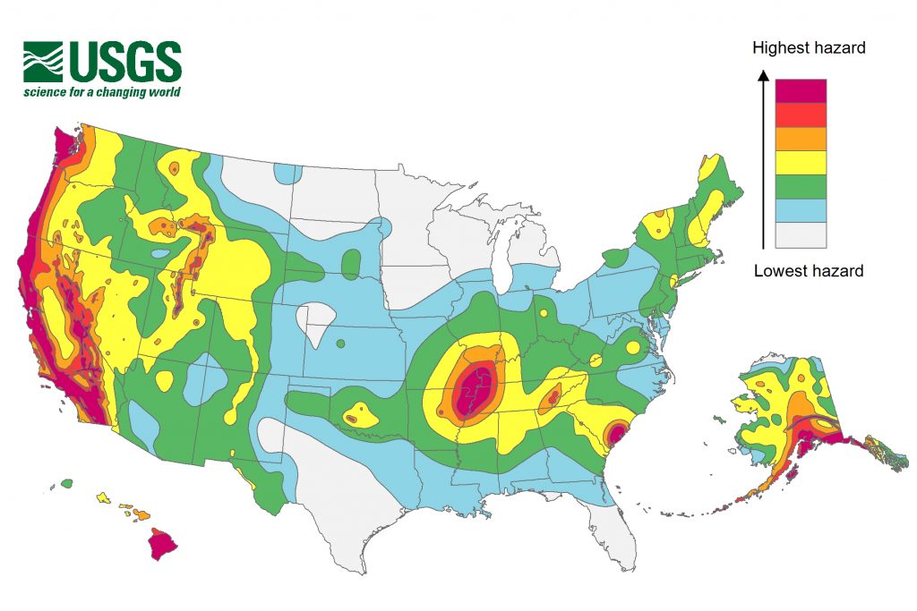 Earthquake hazard map (2018) from USGS showing peak ground accelerations having a 2 percent probability of being exceeded in 50 years. The models are based on seismicity and fault-slip rates. Locally, the hazard may be greater than indicated here, because geology may amplify ground motion. Credit: USGS