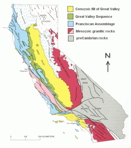 A map showing the distribution of Great Valley Sequence and Franciscan Assemblage. Credit: Mikesclark/Wikimedia Commons, CC BY-SA-3.0
