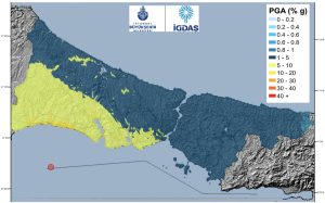 Figure 16. The distribution of peak ground acceleration, PGA, levels for the magnitude 6.2 earthquake. Credit: Erdik et al., 2025, CC BY-NC-ND 4.0