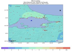 Figure 17. Instrumental MMI Distribution. The blue star indicates the epicenter of the April 23, 2025 earthquake. The red triangles show the locations of stations used in the computation of ground motion distributions. Credit: T-Rupt, 2025