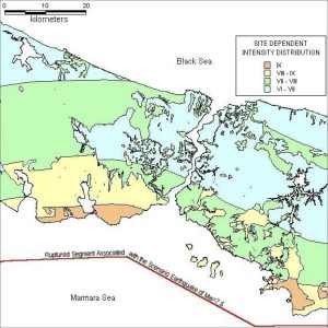 Figure 8. Site-specific intensity distribution that would be caused by a magnitude 7.5 earthquake. The red line represents the approximate trace of the Main Marmara Fault. Credit: IBB, 2009