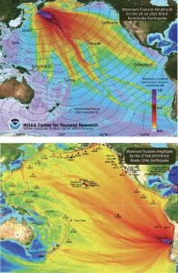 Figure 10. Models of tsunami propagation across the Pacific Basin for the 2025 Kamchatka and 2010 Maule earthquakes, produced by the NOAA Pacific Marine Environmental Laboratory (PMEL). Colors show the maximum tsunami amplitude in the open ocean. Credit: Annotated from NOAA Center for Tsunami Research, CC BY-NC-ND 4.0