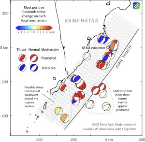 Figure 8. Stress imparted by the magnitude 8.8 rupture to aftershocks with focal mechanisms from the Global CMT catalog. Typically, these shocks have magnitudes greater than 5.5. Credit: Temblor, CC BY-NC-ND 4.0