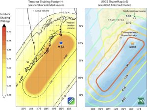 Figure 9. Shaking footprints by Temblor (left) and the USGS (right). In the absence of instrumental observation, both are models of the median shaking for an earthquake of this magnitude and rupture area. Between the two models, their patterns are similar, but Temblor has greater shaking. Credit: Temblor, CC BY-NC-ND 4.0