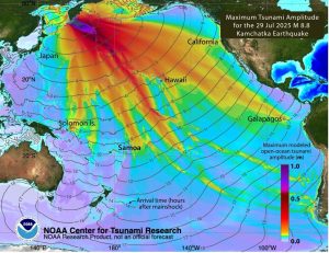 The Kamchatka earthquake sent tongues of high-amplitude tsunami waves (orange colors) fanning out across the Pacific Ocean, according to a model produced by the NOAA Pacific Marine Environmental Laboratory (PMEL). Waves reached Samoa, as well as the Solomon Islands, Hawaii, Crescent City (northern California), and the Galapagos Islands. Credit: from NOAA Center for Tsunami Research, annotated by Temblor