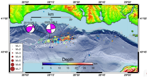 Figure 2. Aftershocks of the April 23, 2025 magnitude 6.2 earthquake starting from April 23, 2025, 09:49 UTC through May 3, 2025, 15:00 UTC. The focal mechanisms of the mainshock and the 2019 offshore Silivri earthquake are also shown. Credit: Erdik et al., 2025, CC BY-NC-ND 4.0