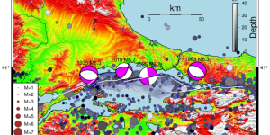 Figure 6. Seismicity of the Marmara region since 1900 shows earthquakes of magnitude greater than 3.5. The data are retrieved from the ISC bulletins. The beachballs indicate the faulting mechanisms of moderate-size earthquakes. The 1935 and 1963 earthquakes show normal faulting mechanisms. The green beachball shows the April 2025 event. Credit: Erdik et al., 2025, CC BY-NC-ND 4.0