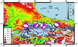 Figure 6. Seismicity of the Marmara region since 1900 shows earthquakes of magnitude greater than 3.5. The data are retrieved from the ISC bulletins. The beachballs indicate the faulting mechanisms of moderate-size earthquakes. The 1935 and 1963 earthquakes show normal faulting mechanisms. The green beachball shows the April 2025 event. Credit: Erdik et al., 2025, CC BY-NC-ND 4.0