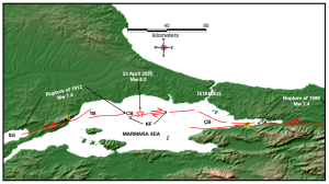 Figure 1. General extension of the northern branch of the North Anatolian Fault Zone in the Marmara Sea. Faults are simplified by Emre et al. (2013) and Kozacı and Altunel (2022). KF: Kumburgaz Fault, SG: Gulf of Saroz, TB: Tekirdağ Basin, CB: Central Basin, ÇB: Çınarcık Basin, G: Ganos, HP: Hersek Peninsula, GI: Gulf of Izmit. Credit: Erdik et al., 2025, CC BY-NC-ND 4.0