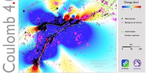 Figure 1. In 2023 in southeastern Turkey, two quakes struck 9 hours and 100 kilometers apart — a magnitude 7.8 event followed by a magnitude 7.7 event. Active faults, 2023 surface ruptures, background shocks and aftershocks are shown together with Coulomb stress change. One sees that seismicity has largely shut down in the (blue) stress shadows, as there are more background shocks (pink) in those regions than aftershocks (black). Many, but not all, of the (red) stress trigger zones are filled by aftershocks (black). Credit: Temblor, CC BY-NC-ND 4.0