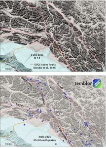 Figure 1. The glaciated valley troughs in the landscape hint at a through-going fault. To the north of the magnitude 7.0 epicenter, some of the stream valleys appear to be right-laterally offset. The fault traces and names are from Alaska Science Center (2021). Credit: Temblor, CC BY-NC-ND 4.0