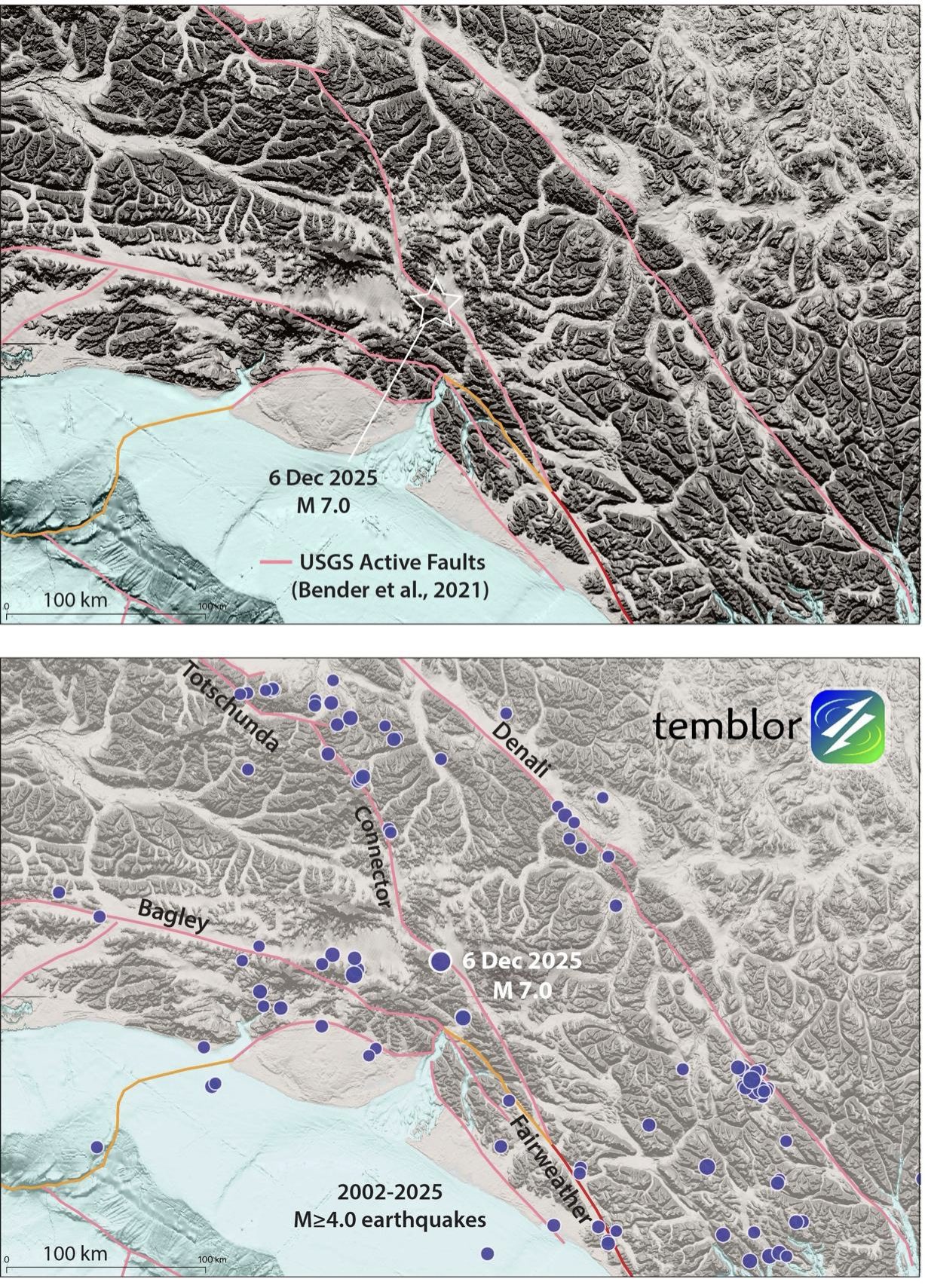 Figure 1. The glaciated valley troughs in the landscape hint at a through-going fault. To the north of the magnitude 7.0 epicenter, some of the stream valleys appear to be right-laterally offset. The fault traces and names are from Alaska Science Center (2021). Credit: Temblor, CC BY-NC-ND 4.0