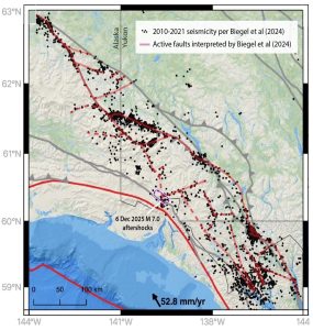Figure 3. Biegel et al. (2024) found discontinuous, clustered seismicity along the Connector Fault, which they interpreted as short fault segments with many orientations within a broad zone. Credit: Modified from Biegel et al. 2024