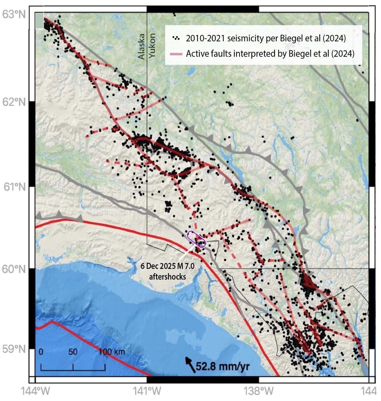 Figure 3. Biegel et al. (2024) found discontinuous, clustered seismicity along the Connector Fault, which they interpreted as short fault segments with many orientations within a broad zone. Credit: Modified from Biegel et al. 2024