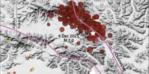 Figure 5. In the 24 hours since the magnitude 7.0 struck, the aftershock zone extended to 50 kilometers. The largest aftershock as of this writing is a magnitude 5.8 quake. These attributes are typical for an event of this size. Earthquakes are from the USGS ANSS catalog. Credit: Temblor, CC BY-NC-ND 4.0