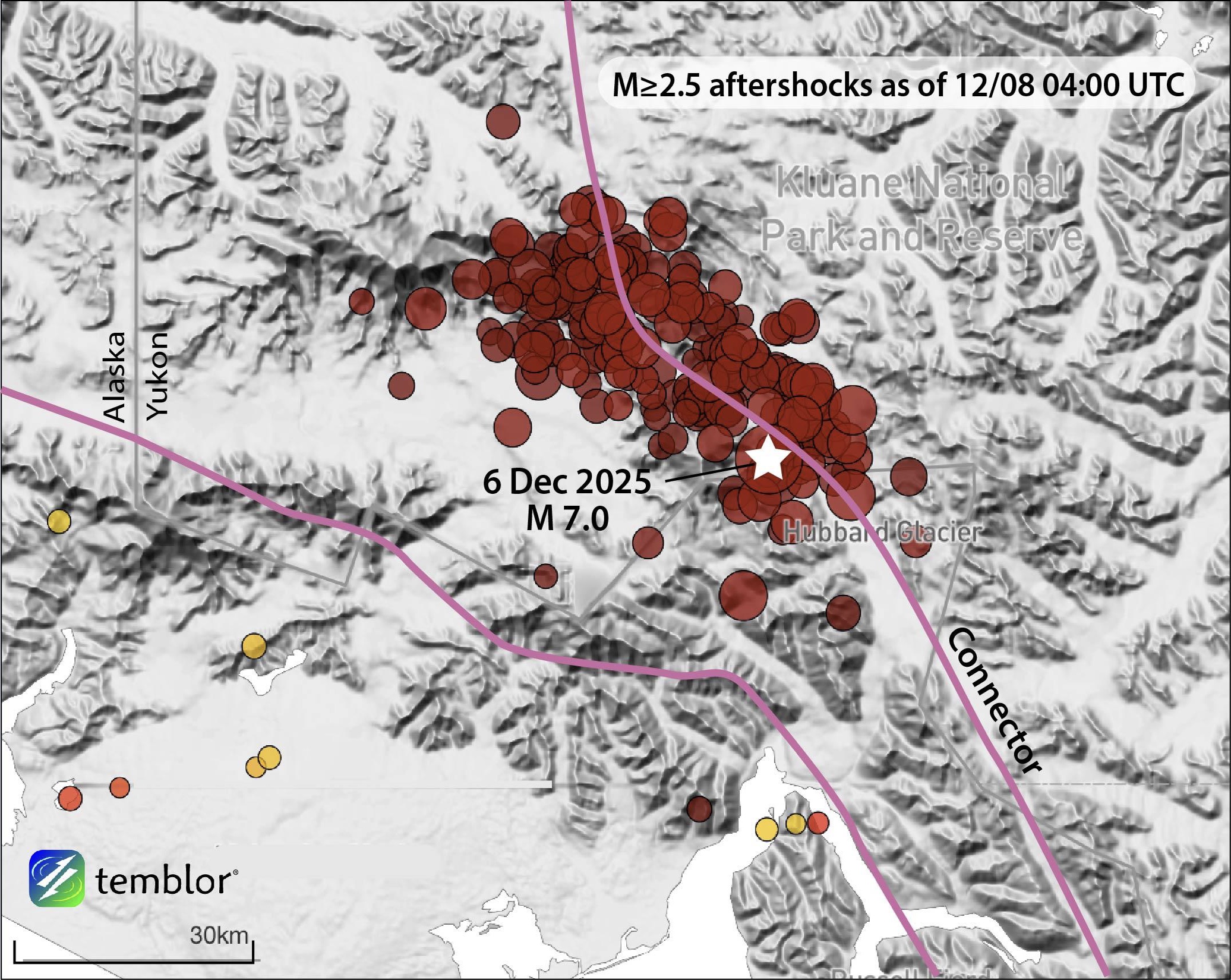 Figure 5. In the 24 hours since the magnitude 7.0 struck, the aftershock zone extended to 50 kilometers. The largest aftershock as of this writing is a magnitude 5.8 quake. These attributes are typical for an event of this size. Earthquakes are from the USGS ANSS catalog. Credit: Temblor, CC BY-NC-ND 4.0