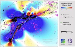 Figure 1. In 2023 in southeastern Turkey, two quakes struck 9 hours and 100 kilometers apart — a magnitude 7.8 event followed by a magnitude 7.7 event. Active faults, 2023 surface ruptures, background shocks and aftershocks are shown together with Coulomb stress change. One sees that seismicity has largely shut down in the (blue) stress shadows, as there are more background shocks (pink) in those regions than aftershocks (black). Many, but not all, of the (red) stress trigger zones are filled by aftershocks (black). Credit: Temblor, CC BY-NC-ND 4.0