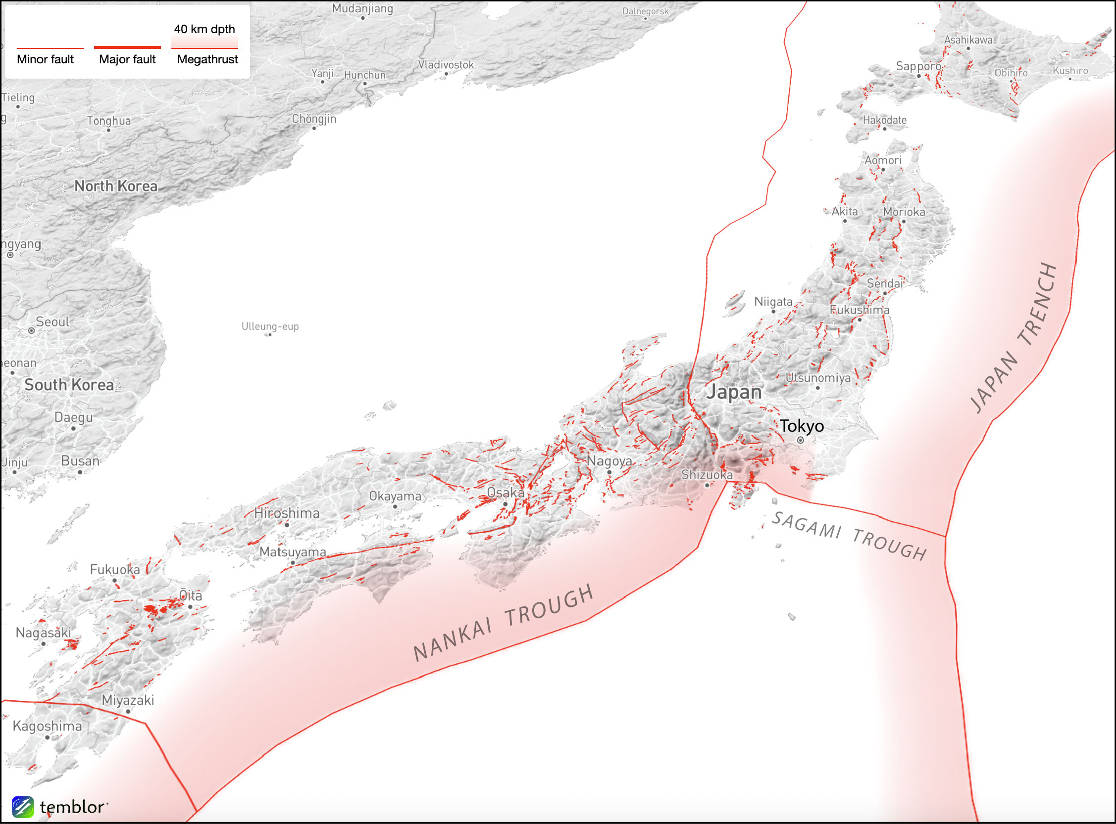 Map of Japan and its major onshore and offshore faults. Credit: Temblor, CC BY-NC-ND 4.0