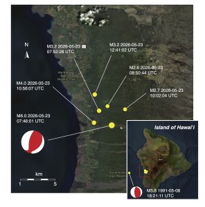 Figure 1. The location and focal mechanisms of earthquakes that occurred on the Big Island on the night of May 22, 2026. The focal mechanism shows that the magnitude 6.0 mainshock is associated with reverse faulting. The depth, location, and faulting mechanism of the magnitude 6.0 event bear similarities to the magnitude 5.5 earthquake of May 8, 1991, shown in the inset. Satellite image: Google Earth. Earthquake hypocenters: USGS Earthquake Catalog. Credit: Wang, 2026, CC BY-NC-ND 4.0