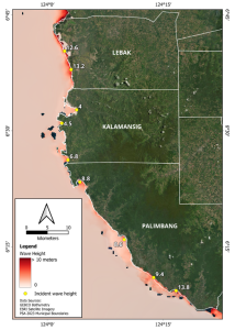 Figure 5. Maximum wave heights modeled from the Cotabato Trench. Fault parameters such as length (kilometers), width (kilometers), and strike (degrees) were estimated from the bathymetry. Dip angle (degrees), depth from the seafloor (kilometers), and rake (degrees) were estimated from seismicity and slab geometry. The slip amount (meters) was based on the computed value above. Credit: Llamas et al., 2026, CC BY-NC-ND 4.0