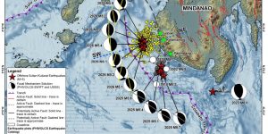 Figure 1. Seismotectonic map of the earthquake swarms. We show the locations of the 2023 magnitude 6.8, 2002 magnitude 6.8, 1976 magnitude 8.1, and 1918 magnitude 8.3 earthquakes. The aftershock area related to the 1976 magnitude 8.1 Moro Gulf Earthquake (Badillo and Astilla, 1978) is also plotted in this map as a dashed gray ellipse. The blue dashed line projects the location of the cross-section in Figure 3. Solid lines projected on the focal mechanism solutions or beachballs (red line for the 2023 magnitude 6.8 earthquake; gray line for the 2025 Palimbang earthquake swarm; and yellow line for the 2026 Kalamansig earthquake swarm) emphasize the trend of the east-dipping fault planes. Data sources: Earthquake locations from DOST-PHIVOLCS and ISCGEM, focal mechanisms from DOST-PHIVOLCS SWIFT-CMT catalog (Bonita et al., 2025), location of active faults, potentially active faults, and trenches from DOST-PHIVOLCS, SAR-derived topography and bathymetry from NAMRIA. Credit: Llamas et al., 2026, CC BY-NC-ND 4.0