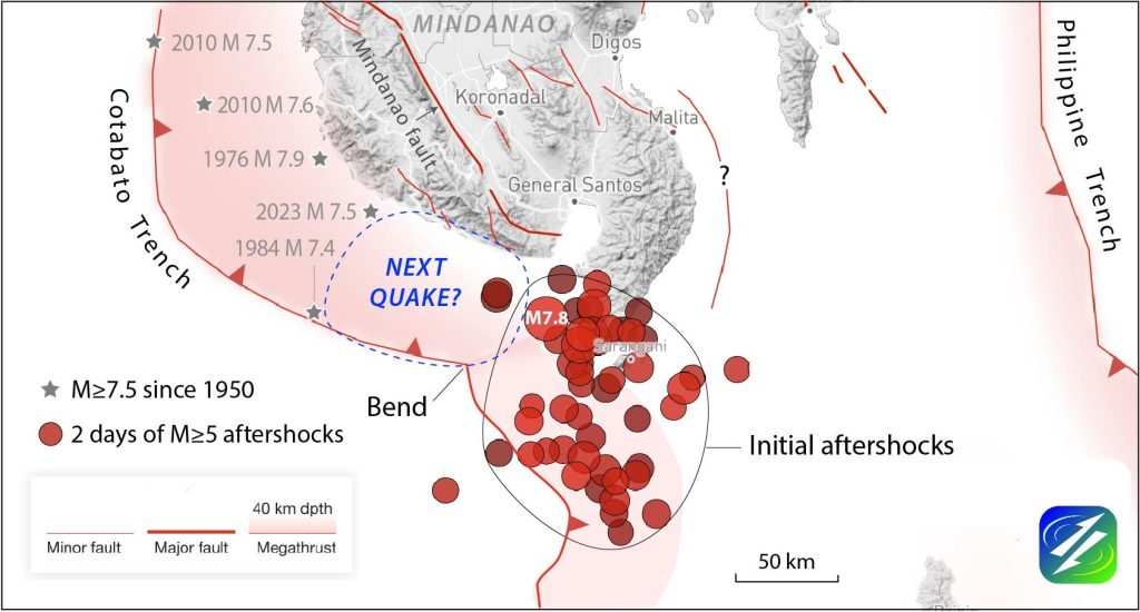 Temblor map showing the magnitude 7.8 mainshock and subsequent aftershocks. Credit: Stein and Toda, 2026 CC BY-NC-ND 4.0
