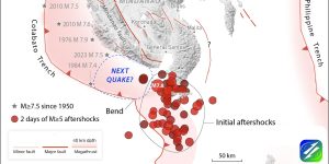 Temblor map showing the magnitude 7.8 mainshock and subsequent aftershocks. Credit: Stein and Toda, 2026 CC BY-NC-ND 4.0
