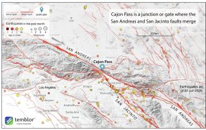 Figure 1. Mapped fault traces of Southern California, together with the past month of earthquakes (i.e., those from May 23 to June 22, 2026). The faults have sculpted the iconic Southern California landscape, with steep mountain ranges abutting the San Andreas and San Jacinto faults. Credit: Temblor, Inc. CC BY-NC-ND 4.0