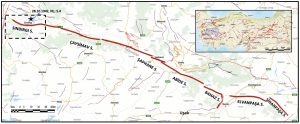 Figure 1. The location of the 205-kilometer-long Simav fault zone. The area marked with a dashed black rectangle in the upper left corner demarcates the area examined in this article, the Sındırgı segment. Fault information is taken from Emre et al. (2018) and the MTA (2025). The star shown within the area outlined by the dashed line indicates the location of the earthquake with a surface wave magnitude (Ms) of 5.4 that occurred on the Sındırgı Fault on October 28, 1942 (AFAD-DAD, 2025b). In the inset on the upper right, which is a map of Turkey’s active faults, the blue rectangle shows the location of the Simav fault zone. Credit: Eyidoğan, 2026, CC BY-NC-ND 4.0