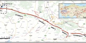 Figure 1. The location of the 205-kilometer-long Simav fault zone. The area marked with a dashed black rectangle in the upper left corner demarcates the area examined in this article, the Sındırgı segment. Fault information is taken from Emre et al. (2018) and the MTA (2025). The star shown within the area outlined by the dashed line indicates the location of the earthquake with a surface wave magnitude (Ms) of 5.4 that occurred on the Sındırgı Fault on October 28, 1942 (AFAD-DAD, 2025b). In the inset on the upper right, which is a map of Turkey’s active faults, the blue rectangle shows the location of the Simav fault zone. Credit: Eyidoğan, 2026, CC BY-NC-ND 4.0